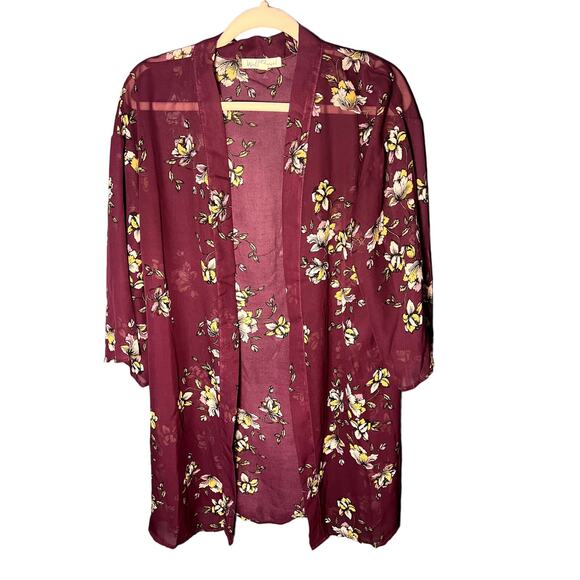 Wall Flower Sheer Floral Kimono in Purple Sz Large for Vacation, Beach, Swimsuit - Picture 1 of 6